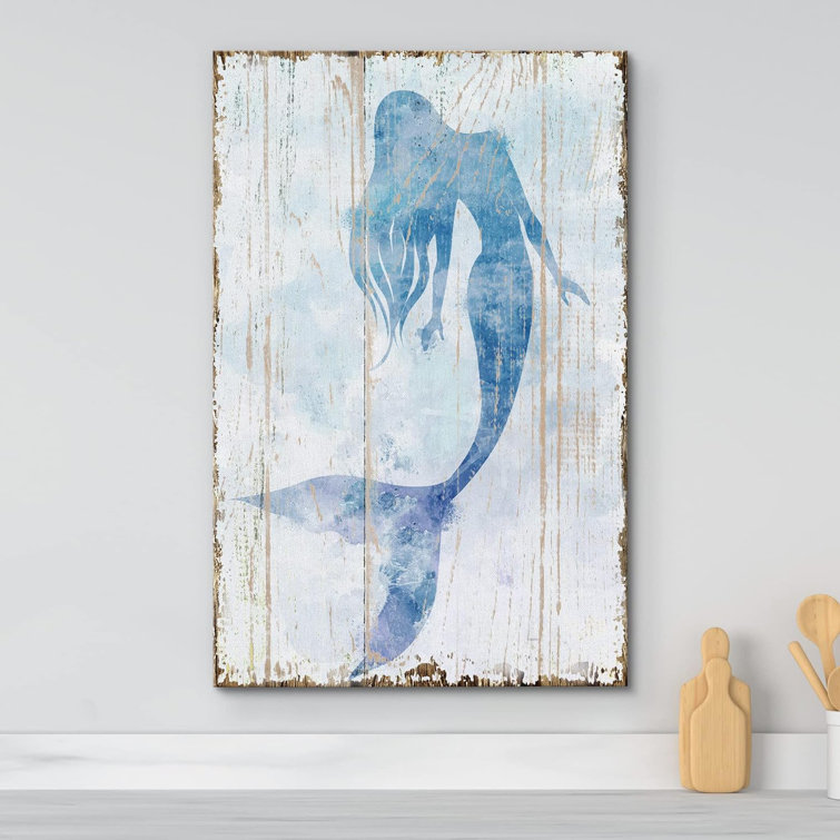 Blue Mermaid On Wood Effect Panel Nautical Coastal Beach Bathroom Decor Canvas Prints Wall Art